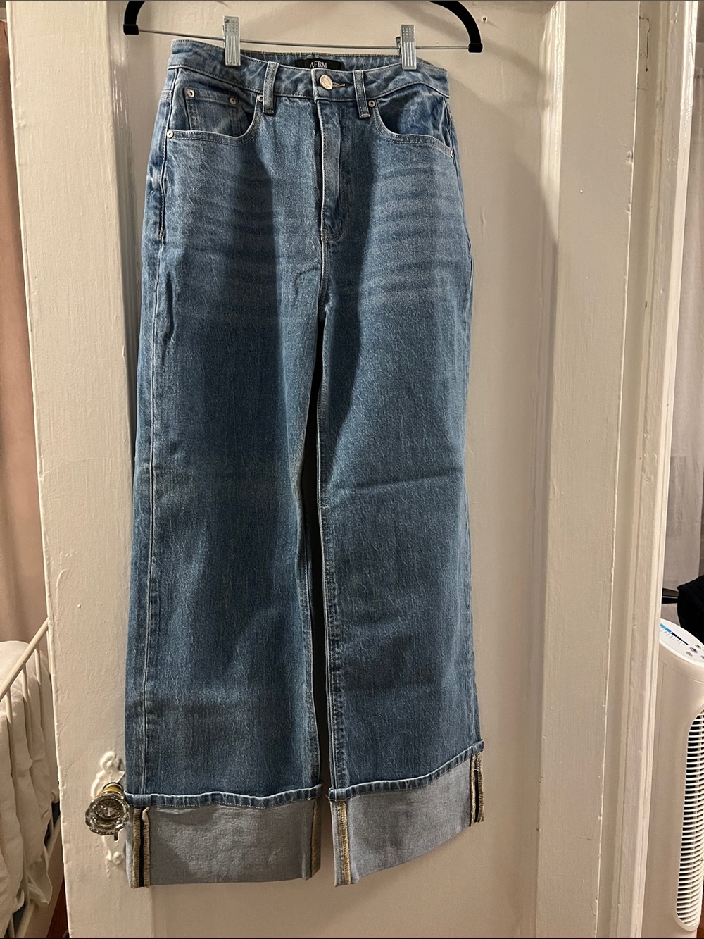 AFRM Light Blue Wide Leg Jeans with Cuffed Raw Hem